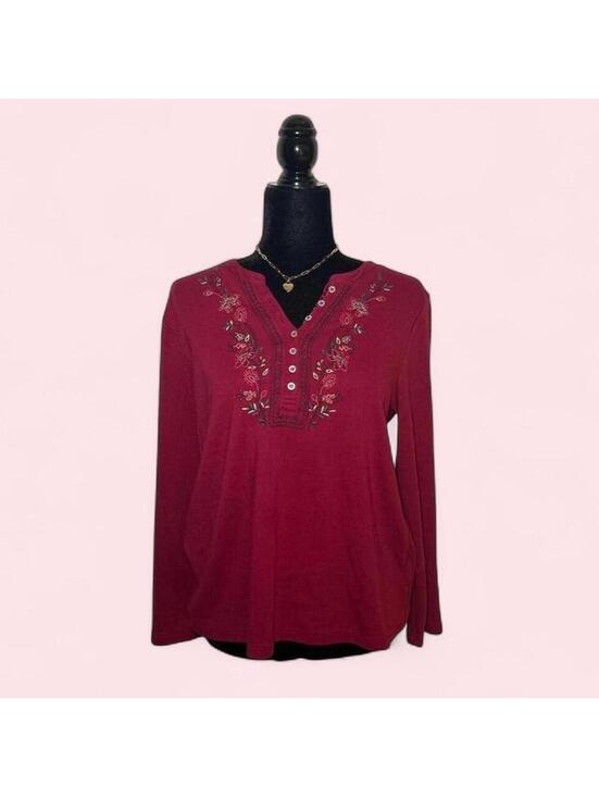 Tops - Tradition Red Long Sleeve Button Up Floral Embroidered Beaded Y2K